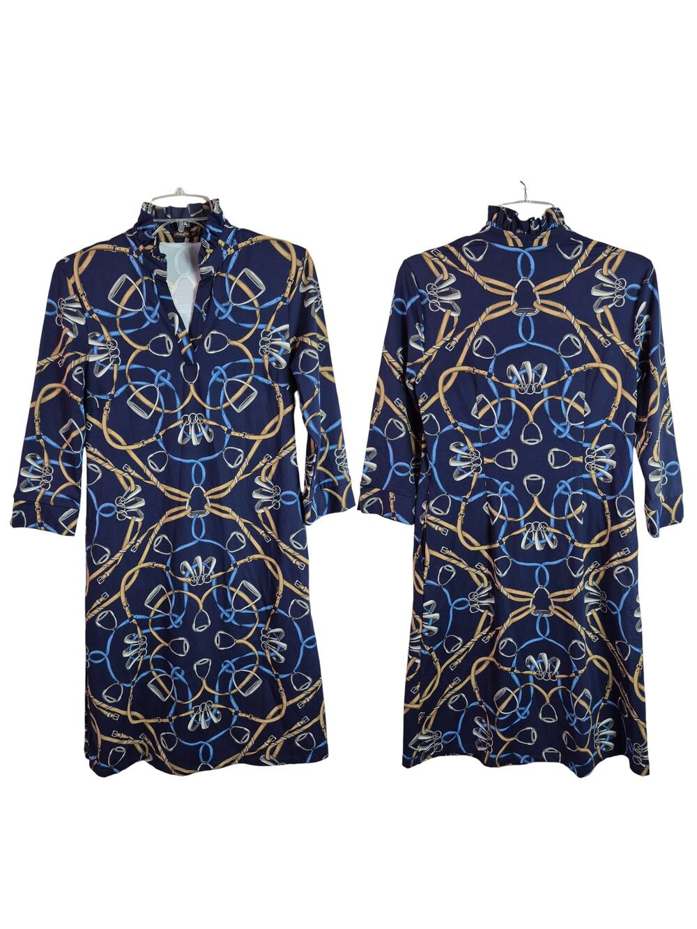 J Mclaughlin Blue Gold Equestrian Horse Bridle Rein Print Catalina Dress Small